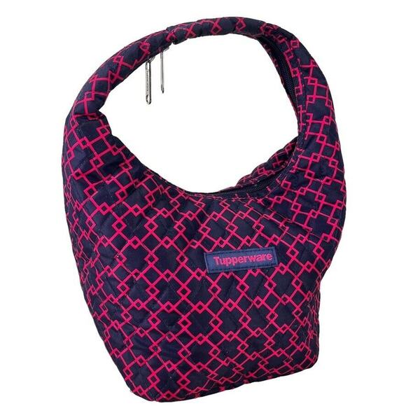Tupperware Womens Quilted Hobo Handbag Lunch Tote Lunchbox Bag Travel Navy Pink - Picture 1 of 14